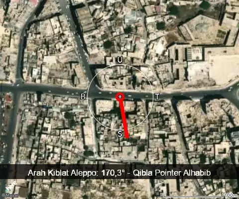 peta arah kiblat Aleppo: 170,3°