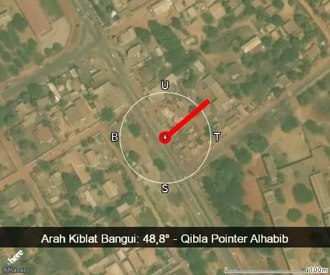 peta arah kiblat Bangui: 48,8°