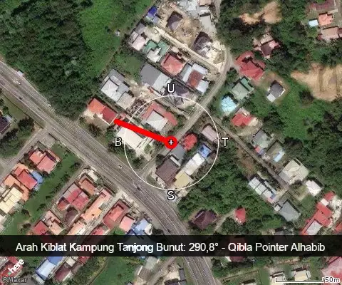 peta arah kiblat Kampung Tanjong Bunut: 290,8°