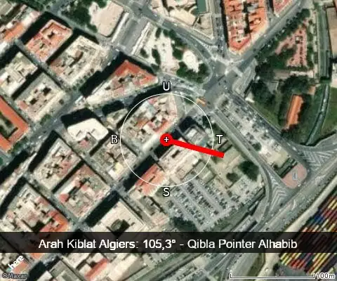 peta arah kiblat Algiers: 105,3°