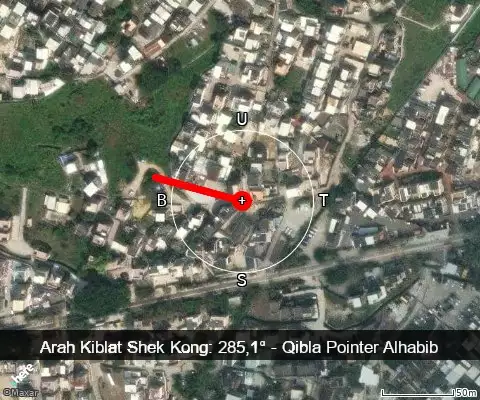 peta arah kiblat Shek Kong: 285,1°