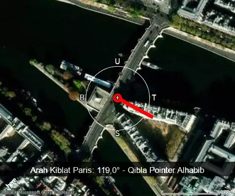 peta arah kiblat Paris: 119,0°