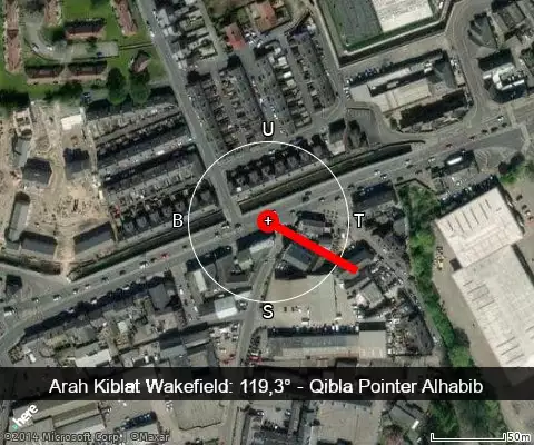 peta arah kiblat Wakefield: 119,3°