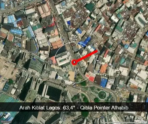 peta arah kiblat Lagos: 63,4°