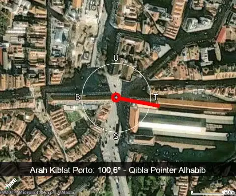 peta arah kiblat Porto: 100,6°
