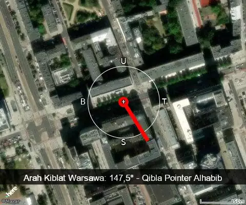 peta arah kiblat Warsawa: 147,5°