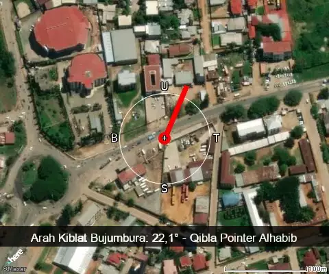 peta arah kiblat Bujumbura: 22,1°