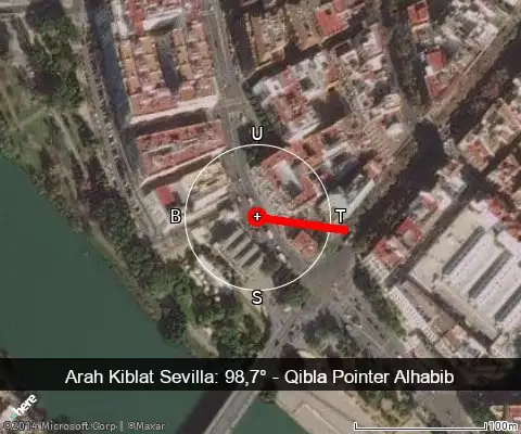 peta arah kiblat Sevilla: 98,7°
