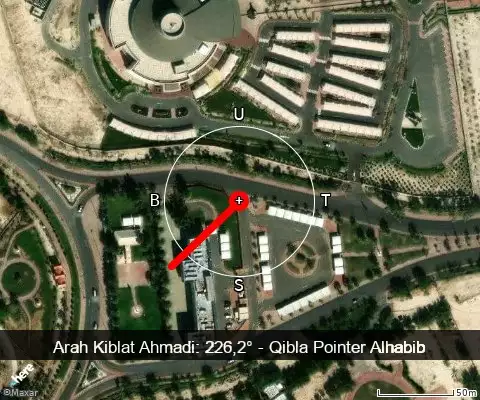 peta arah kiblat Ahmadi: 226,2°