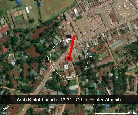 peta arah kiblat Luanda: 13,2°