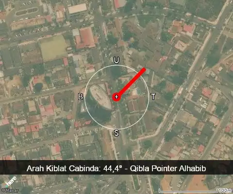 peta arah kiblat Cabinda: 44,4°