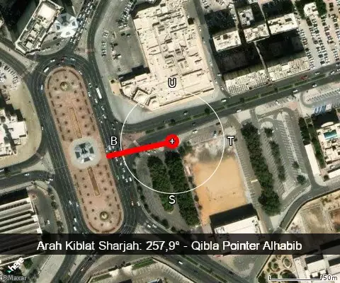 peta arah kiblat Sharjah: 257,9°