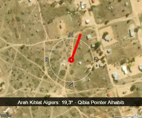 peta arah kiblat Algiers: 19,3°