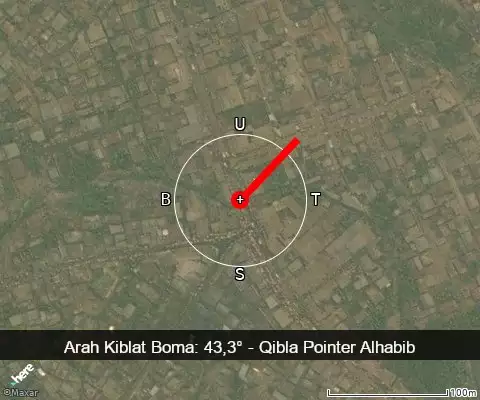peta arah kiblat Boma: 43,3°