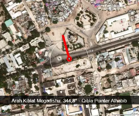 peta arah kiblat Mogadishu: 344,8°