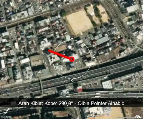 peta arah kiblat Kobe: 290,8°