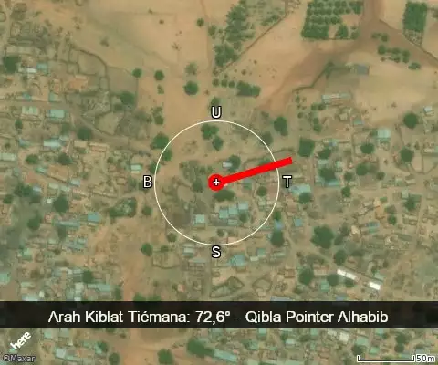 peta arah kiblat Tiémana: 72,6°