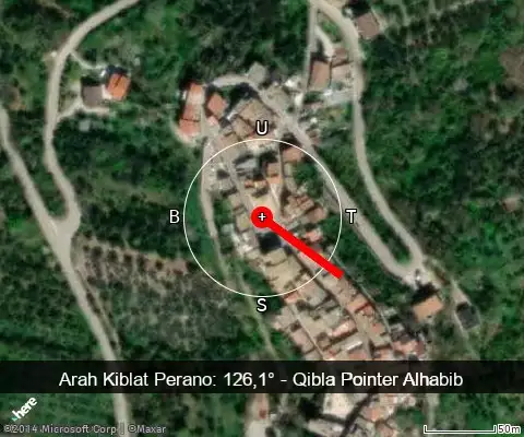 peta arah kiblat Perano: 126,1°