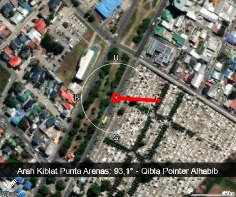 peta arah kiblat Punta Arenas: 93,1°