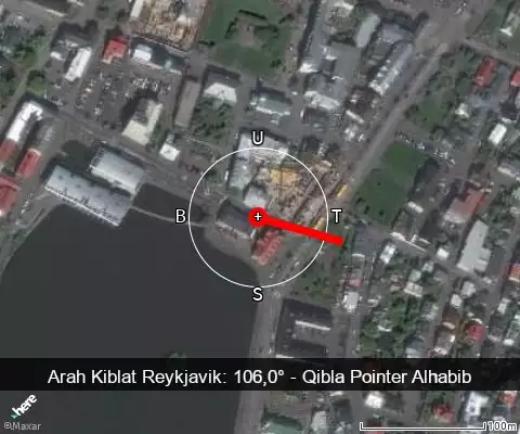 peta arah kiblat Reykjavik: 106,0°