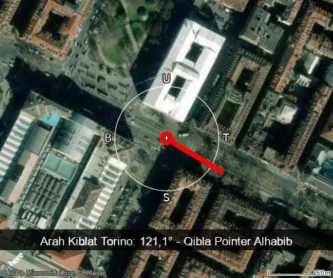 peta arah kiblat Torino: 121,1°