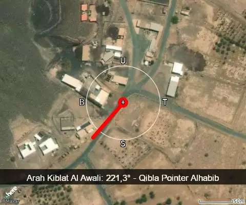 peta arah kiblat Al Awali: 221,3°