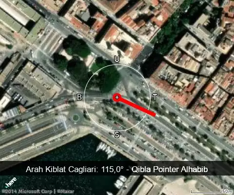 peta arah kiblat Cagliari: 115,0°