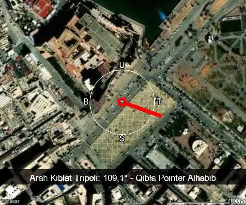 peta arah kiblat Tripoli: 109,1°