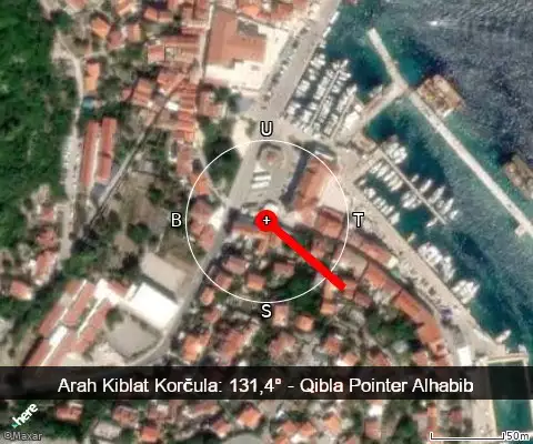 peta arah kiblat Korčula: 131,4°