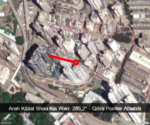 peta arah kiblat Shau Kei Wan: 285,2°