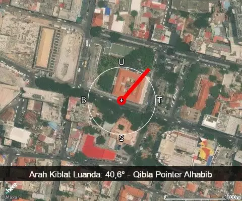 peta arah kiblat Luanda: 40,6°