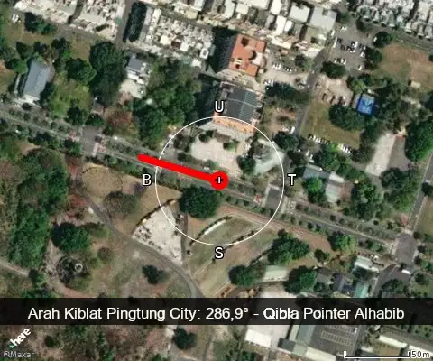 peta arah kiblat Pingtung City: 286,9°