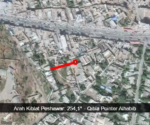 peta arah kiblat Peshawar: 254,1°
