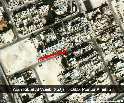 peta arah kiblat Al Waab: 252,7°