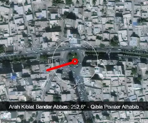 peta arah kiblat Bandar Abbas: 252,6°