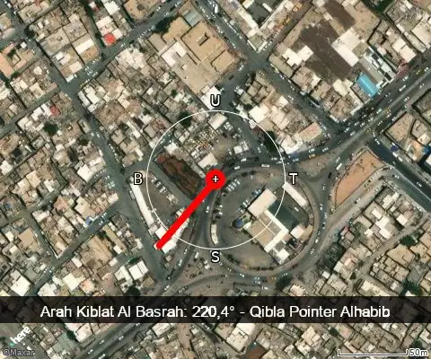 peta arah kiblat Al Basrah: 220,4°