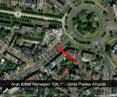 peta arah kiblat Nijmegen: 126,1°