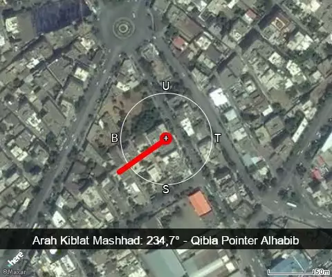 peta arah kiblat Mashhad: 234,7°
