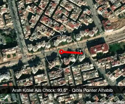 peta arah kiblat Aïn Chock: 93,6°