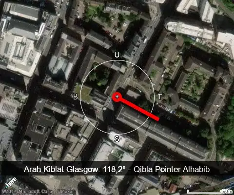 peta arah kiblat Glasgow: 118,2°