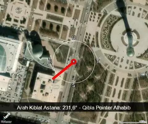 peta arah kiblat Astana: 231,6°