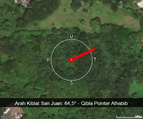 peta arah kiblat San Juan: 64,5°