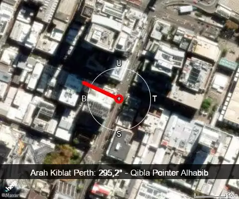 peta arah kiblat Perth: 295,2°