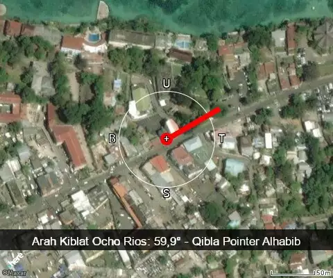 peta arah kiblat Ocho Rios: 59,9°