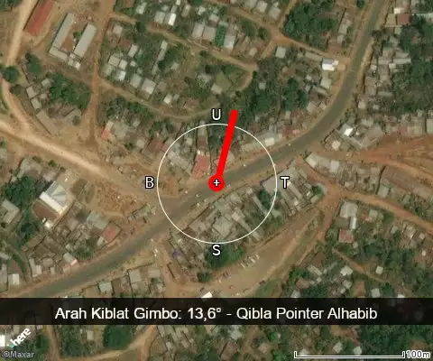 peta arah kiblat Gimbo: 13,6°