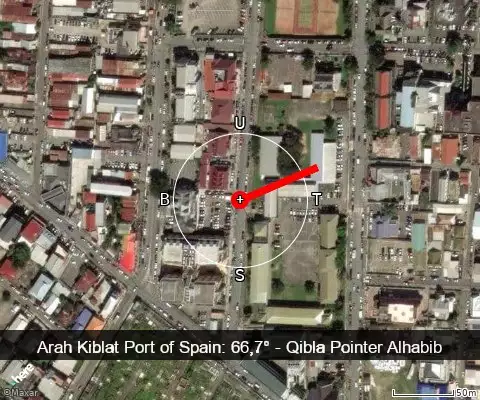 peta arah kiblat Port of Spain: 66,7°