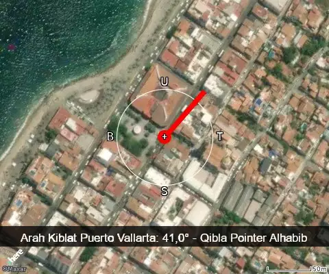 peta arah kiblat Puerto Vallarta: 41,0°