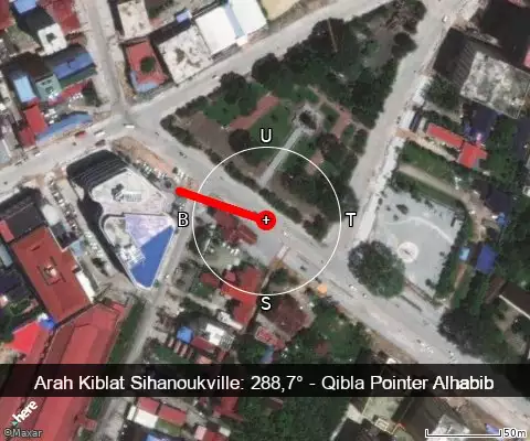 peta arah kiblat Sihanoukville: 288,7°