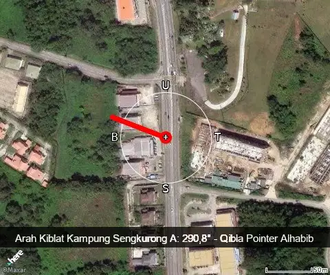 peta arah kiblat Kampung Sengkurong A: 290,8°