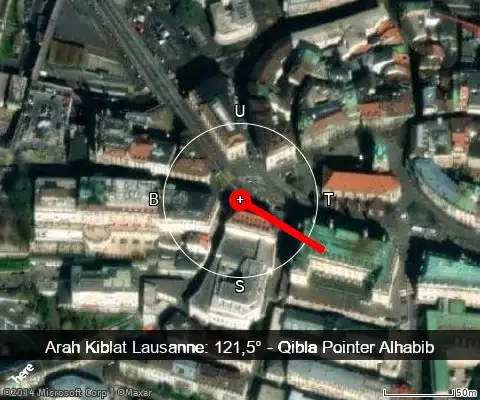 peta arah kiblat Lausanne: 121,5°